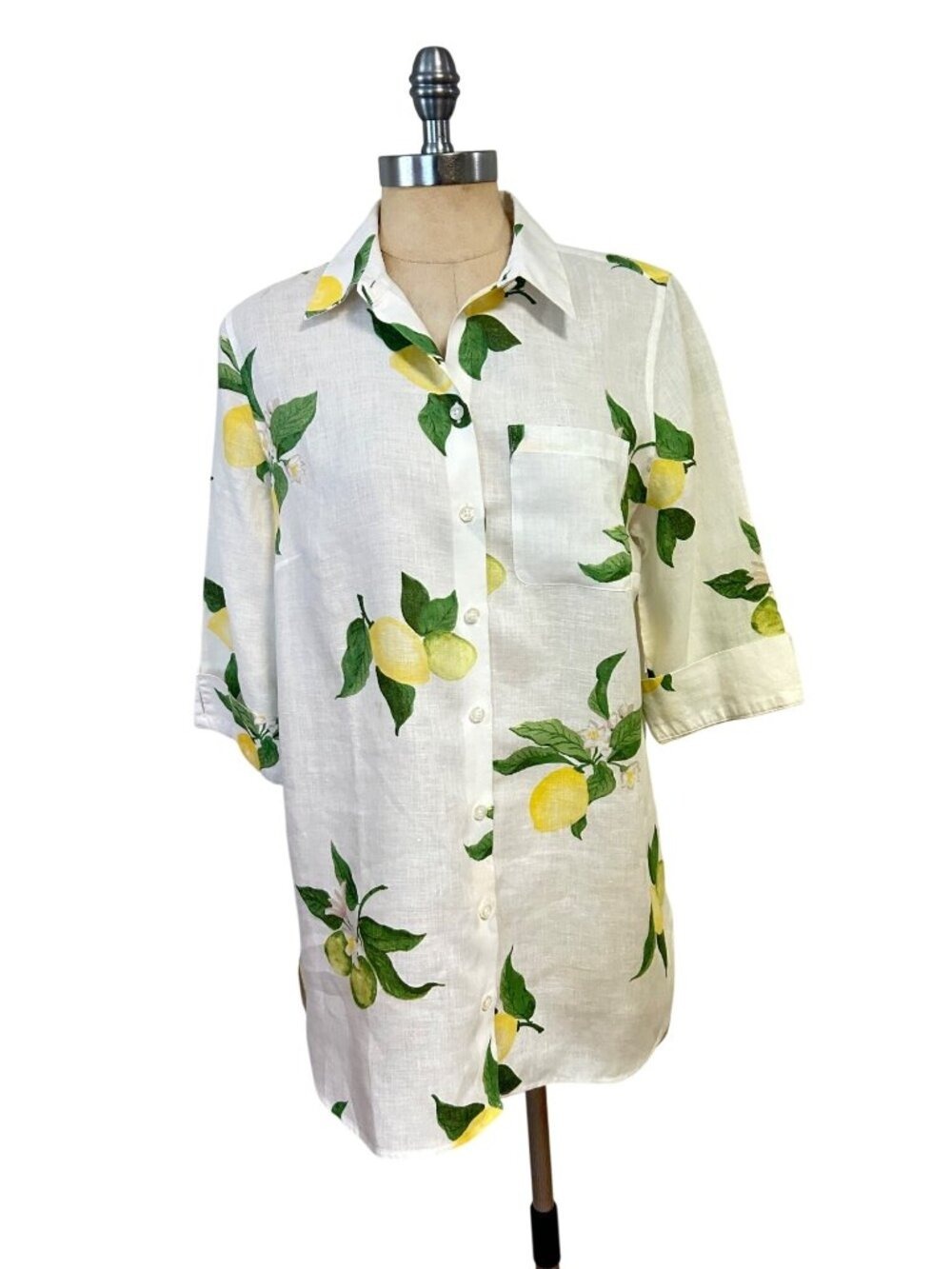 Chico's White Yellow Lemon Print Linen Button Down Shirt 1 Medium